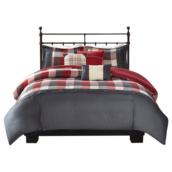 English Elm King/Cal Ridge 6PC Herringbone Duvet Set with Buffalo Plaid, Embroidered Pillows & Button Closure, Cozy Lodge Style B035129175