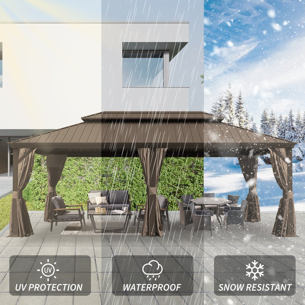 English Elm 14' X 24' Hardtop Gazebo - Durable Steel Roof, Integrated Drainage, Privacy Curtains & Insect Netting W1859S00154