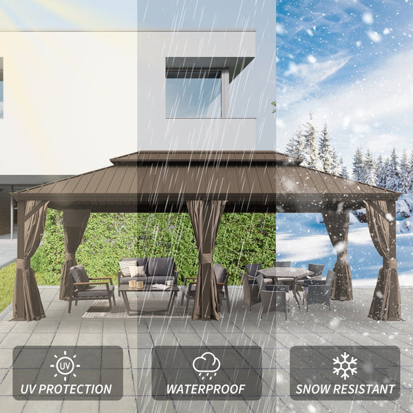 English Elm 14' X 24' Hardtop Gazebo - Durable Steel Roof, Integrated Drainage, Privacy Curtains & Insect Netting W1859S00154