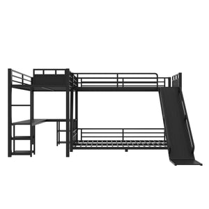 English Elm L-shaped Metal Triple Bunk Bed with Slide Desk Shelves Sleep Study Play Zone W1580S00280