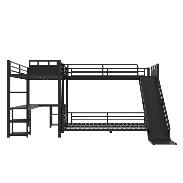 English Elm L-shaped Metal Triple Bunk Bed with Slide Desk Shelves Sleep Study Play Zone W1580S00280
