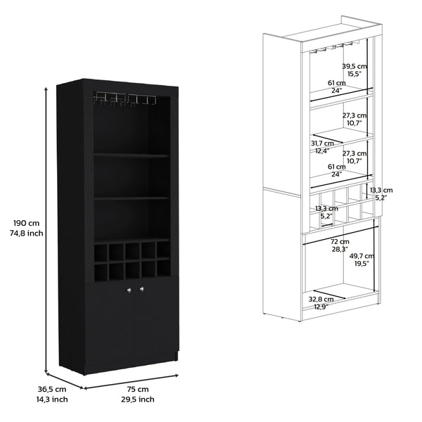 English Elm Cabinet Black 4-Tier Wine & Liquor Storage with Stemware Rack, 15-Bottle Cubbies, 4 Shelves, Tall B097P221378