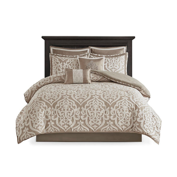 English Elm 8 Piece Jacquard Comforter Set - Luxurious Tan/Ivory Queen Ensemble With Elegant Medallion Design B035128885