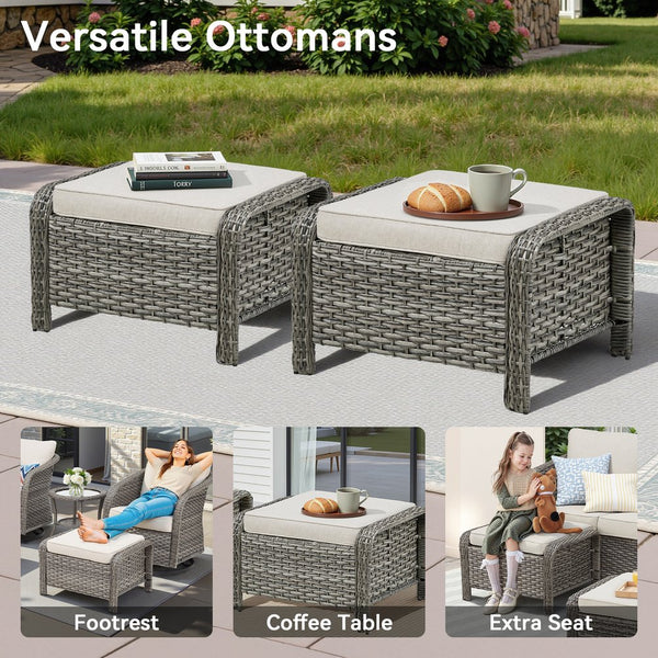 English Elm Outdoor Pe Wicker Patio Ottoman Set of 2 with Beige Cushions for Deck or Yard T3773P418584