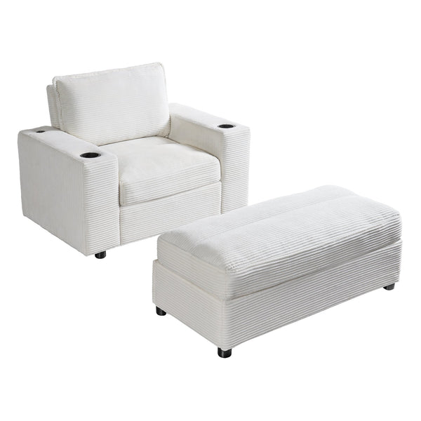 English Elm Christopher Knight Home® - 42.8" Oversized Chaise Lounge with Storage Ottoman, Corduroy Upholstery, USB Port & Cup Holders for Cozy Living Space Beige N765P350851W
