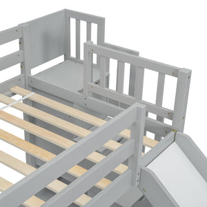 English Elm Twin Over Full Bunk Bed Solid Pine Frame with Built-in Slide and Storage Staircase Grey W504S00289