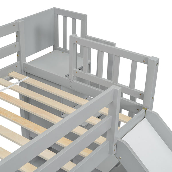 English Elm Twin Over Full Bunk Bed Solid Pine Frame with Built-in Slide and Storage Staircase Grey W504S00289