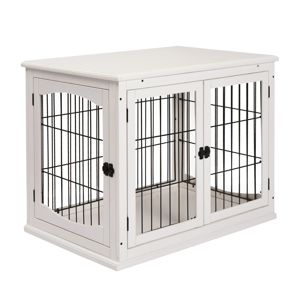 English Elm Pawhut White Dog Crate End Table with Arched Wire Windows and Dual Lockable Doors W2225P229155