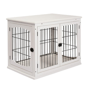 English Elm Pawhut White Dog Crate End Table with Arched Wire Windows and Dual Lockable Doors W2225P229155