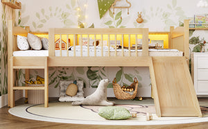 English Elm Twin Xl Solid Pine Loft Bed with Built-in Led Lighting and Storage Shelves Natural W1580S00366