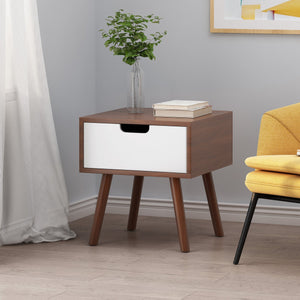 English Elm Christopher Knight Home® - END TABLE Mid-Century Modern Two-Toned End Table with Drawer, Faux Wood Top & Splayed Legs for Living Room White+Walnut 66761.00WALNWHT