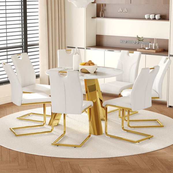 English Elm Table 7-Piece Dining Set: 42-Inch White Imitation Marble Round Table With 6 Gold-Leg Chairs W2920S00050-GIGA