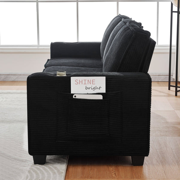English Elm 84.25-inch Corduroy Three Seater Sofa with Cup Holders Modern Minimalist Living Room Couch Black W288P399981