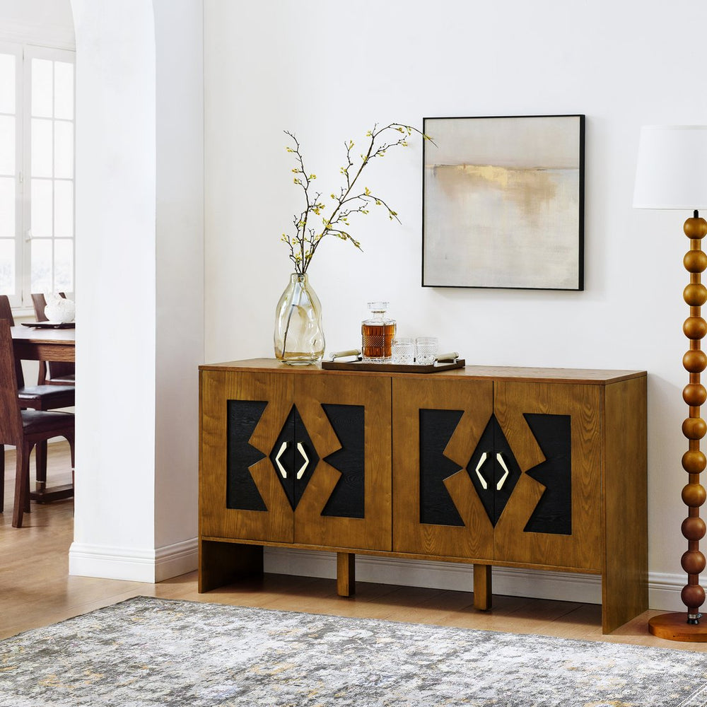 English Elm 60" Mid Century Sideboard Buffet Cabinet with Fluted Diamond Front, Adjustable Shelves, Walnut Finish, TV Media Console (60"W) W1801P288502