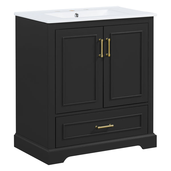English Elm 30" Freestanding Bathroom Vanity Matte Black Solid Wood Ceramic Sink Soft Close N729P321376B