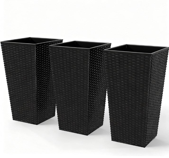 English Elm Outdoor Tall Rattan Style Column Planters Set of 3 Uv Resistant Pp with Drainage T3971P423354