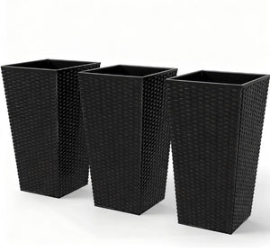 English Elm Outdoor Tall Rattan Style Column Planters Set of 3 Uv Resistant Pp with Drainage T3971P423354