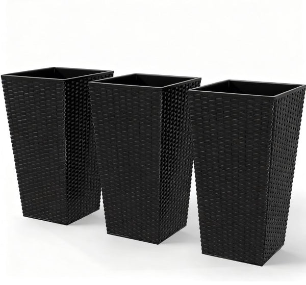 English Elm Outdoor Tall Rattan Style Column Planters Set of 3 Uv Resistant Pp with Drainage T3971P423354