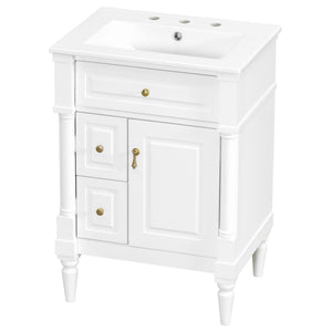 English Elm 24 Inch Freestanding Vanity with Ceramic Sink Rubberwood Frame Matte Finish Storage White N725P356058K