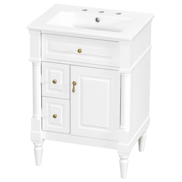 English Elm 24 Inch Freestanding Vanity with Ceramic Sink Rubberwood Frame Matte Finish Storage White N725P356058K