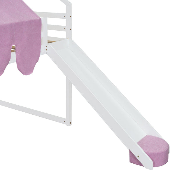 English Elm Full Size Kids House Loft Bed Pinewood Frame with Tent Slide and Play Storage White LT000683AAK