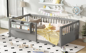 English Elm Twin Low Profile Kids Floor Bed Pine Wood Frame with Safety Rail and Built in Bookshelf Gray W1580P373135