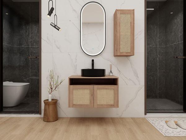English Elm 30" Floating Bathroom Vanity Set with Ceramic Vessel Sink and Rattan Side Cabinet W999S00496