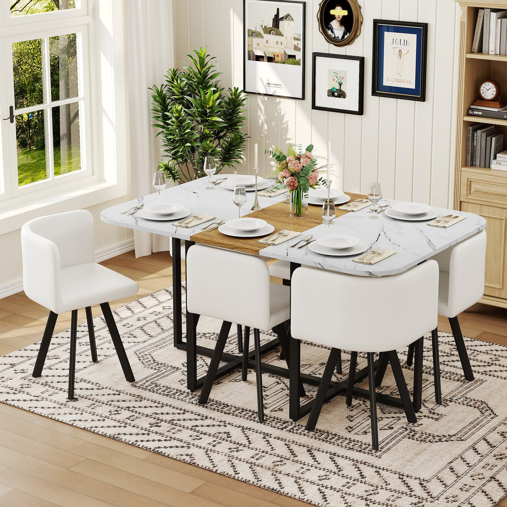 English Elm 7-piece Melamine Dining Set with Pu Cushioned Chairs and Iron Frame for Small Spaces W3875S00122