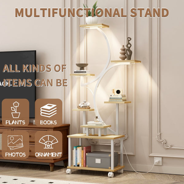 English Elm Plant Stand with Full Spectrum Grow Lights 8 Tier S Shaped Iron Corner Display Rack White+Natural W2641P446508