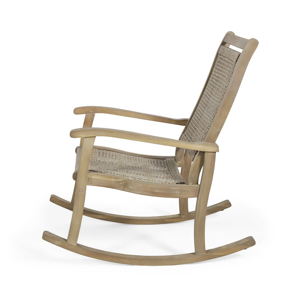English Elm Lucas Outdoor Rocking Chair Acacia Wood Frame Hand-woven Rattan Porch Seat 69957.00MLBRN