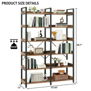English Elm 6-Tier Industrial Bookshelf 67" Black+Brown Metal Frame with 12 Open Shelves, Edge Guards & Stable Design W3204P354206