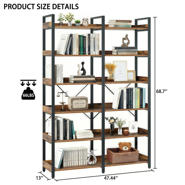 English Elm 6-Tier Industrial Bookshelf 67" Black+Brown Metal Frame with 12 Open Shelves, Edge Guards & Stable Design W3204P354206