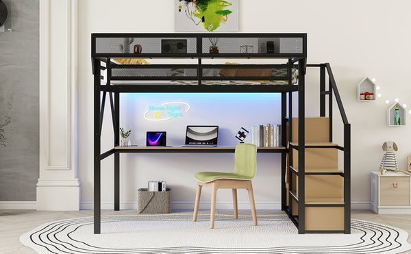 English Elm Queen Loft Bed With Integrated Desk, Wardrobe & Charging Station For Kids & Teens - Black Metal Style W2580S00044-GIGA