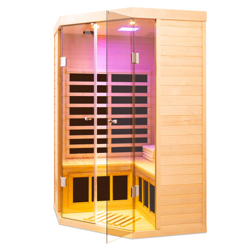 English Elm Hemlock Wood Corner Sauna with Far Infrared Panels for Deep Heat Therapy W1787P324690