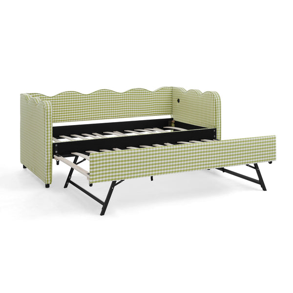 English Elm Cozy Twin Gingham Daybed with Trundle Sofa Bed, Linen Upholstery, USB Port, Wave Frame Design Green W1413S00100