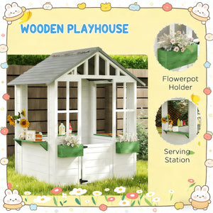 English Elm Wooden Fir Outdoor Kids Playhouse Cottage with Serving Station and Ventilating Windows T3971P442827