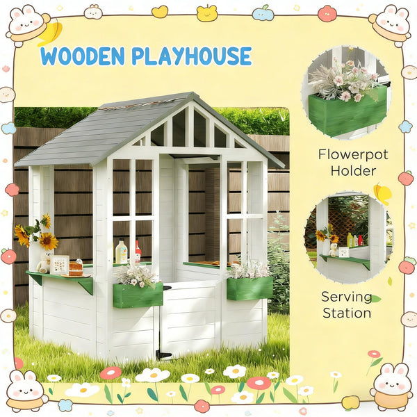 English Elm Wooden Fir Outdoor Kids Playhouse Cottage with Serving Station and Ventilating Windows T3971P442827