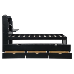 English Elm Twin LED Platform Bed with Trundle and Under-Storage Drawers, Flip-Up Headboard, USB Ports Espresso N820S10008D