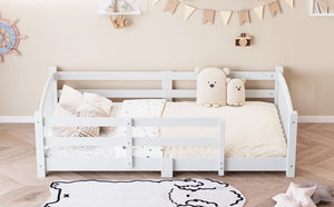 English Elm Twin Montessori Floor Bed Solid Pine Frame with Safety Guardrails for Kids Bedroom White N733P400298K