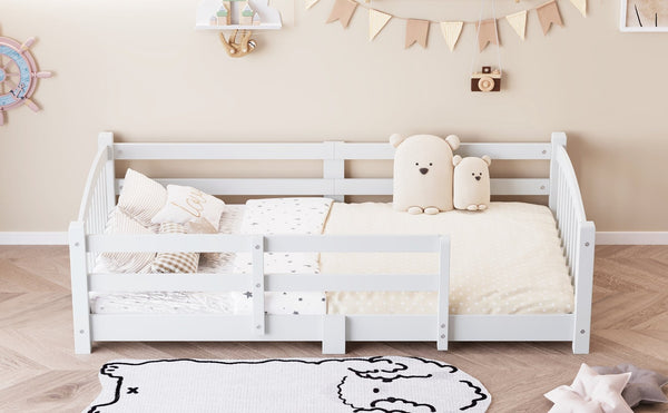 English Elm Twin Montessori Floor Bed Solid Pine Frame with Safety Guardrails for Kids Bedroom White N733P400298K