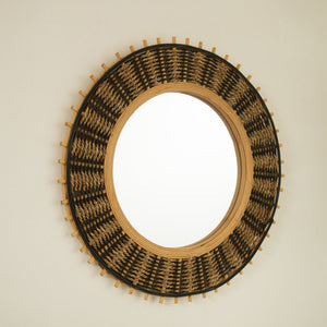 English Elm 23'' Echo Mirror Bamboo Round Wall Mirror with Handwoven Yellow & Black Hemp Rope Accent, Eco Chic Decor W2615P346485