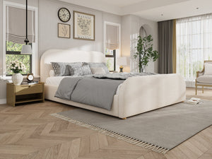 English Elm King Upholstered Bed Curved Linen Headboard Solid Wood Legs Transitional Bedroom N757K427673I