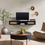 Hamkke 58" Floating TV Stand with Rattan Doors - Scandinavian Boho Design, Stylish Storage & Mounting