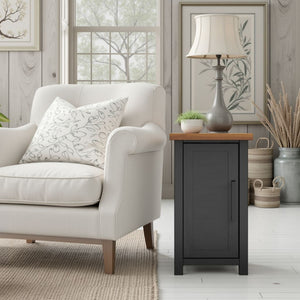 English Elm 14 inch Chairside Table Black & Whiskey Two-Tone Farmhouse Accent with Door Storage, Preassembled B108P160150