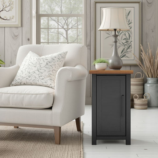 English Elm 14 inch Chairside Table Black & Whiskey Two-Tone Farmhouse Accent with Door Storage, Preassembled B108P160150