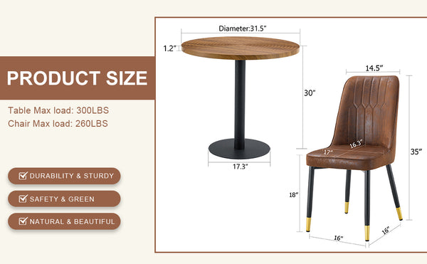 English Elm Table and Chair Set Round 31.5 Inch Dark Wood Grain with Brown Fabric Seats W1151S02481