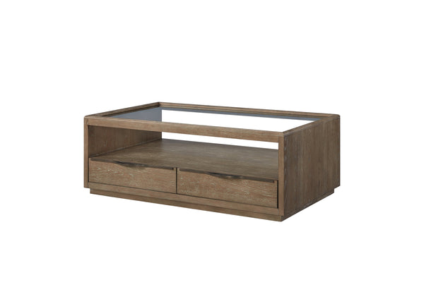 English Elm Glass Top Cocktail Table Cocoa - Tempered Glass, Weathered Wood Finish, Soft-Close Drawers & Casters B2699P323115