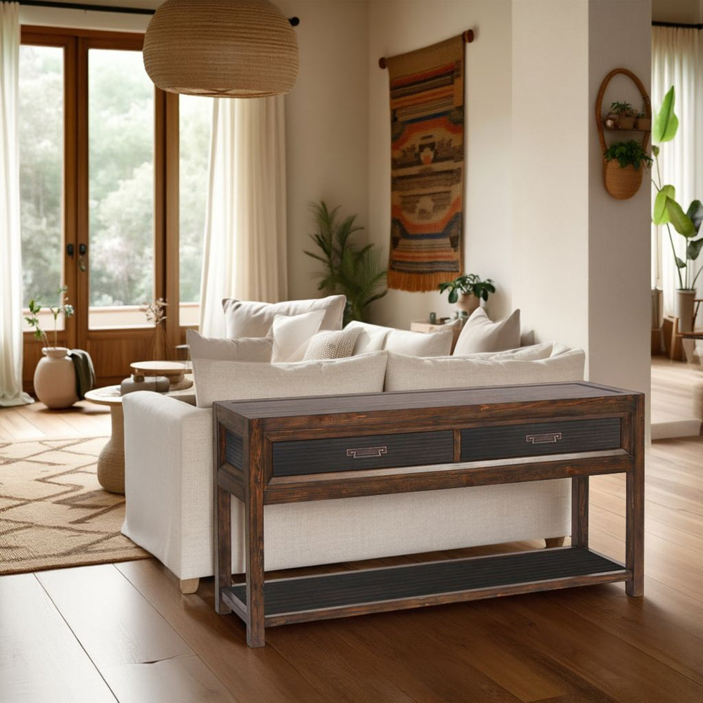 English Elm Two-Drawer Rustic Two-Tone Sofa Table 60" Fully Assembled Pine Console with 2 Drawers, Shelf, Brass Hardware B108P163821