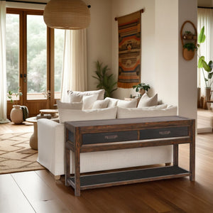 English Elm Two-Drawer Rustic Two-Tone Sofa Table 60" Fully Assembled Pine Console with 2 Drawers, Shelf, Brass Hardware B108P163821