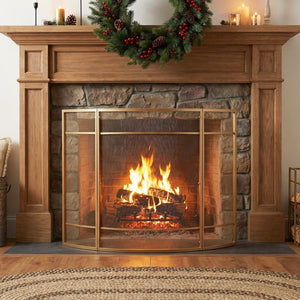 English Elm Regina Curved Iron Fireplace Screen with Welded Grid for Modern Minimalist Interiors Golden N775P386929G